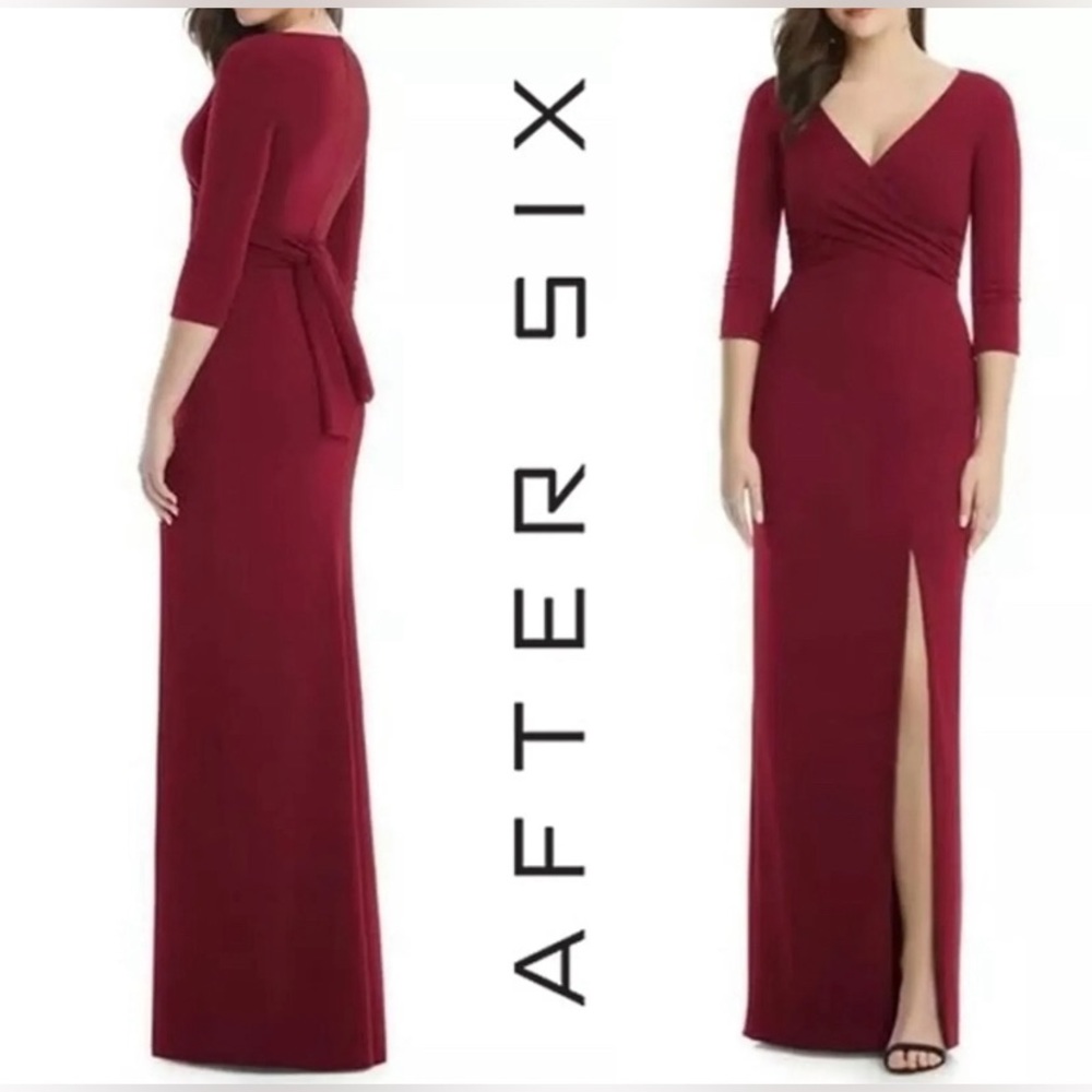 After Six V-neck Crepe Front Slit Formal Dress In Burgundy Size M - Picture 2 of 11